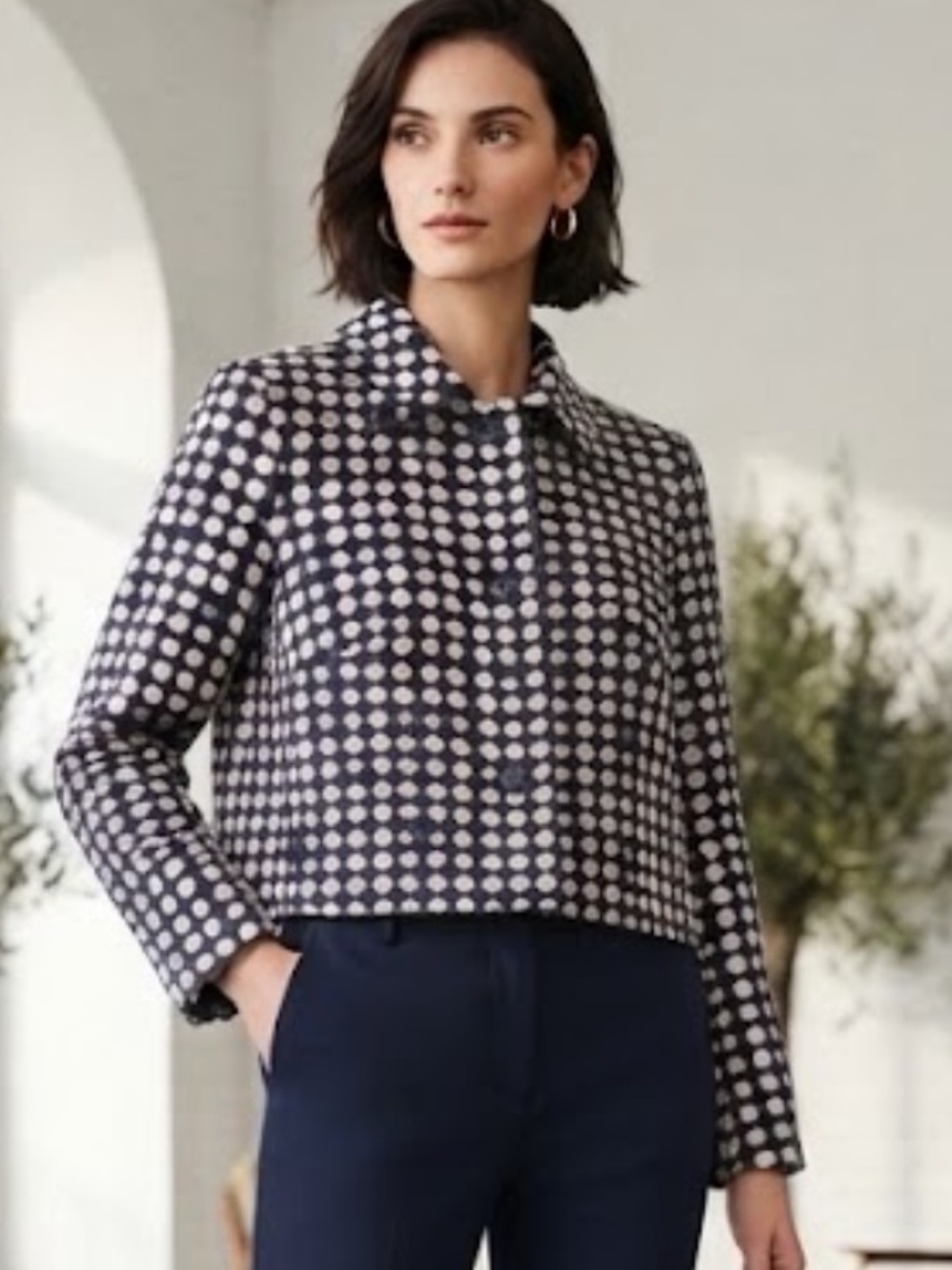 Akris Punto Navy and White Polka Dot Cropped cotton Blazer